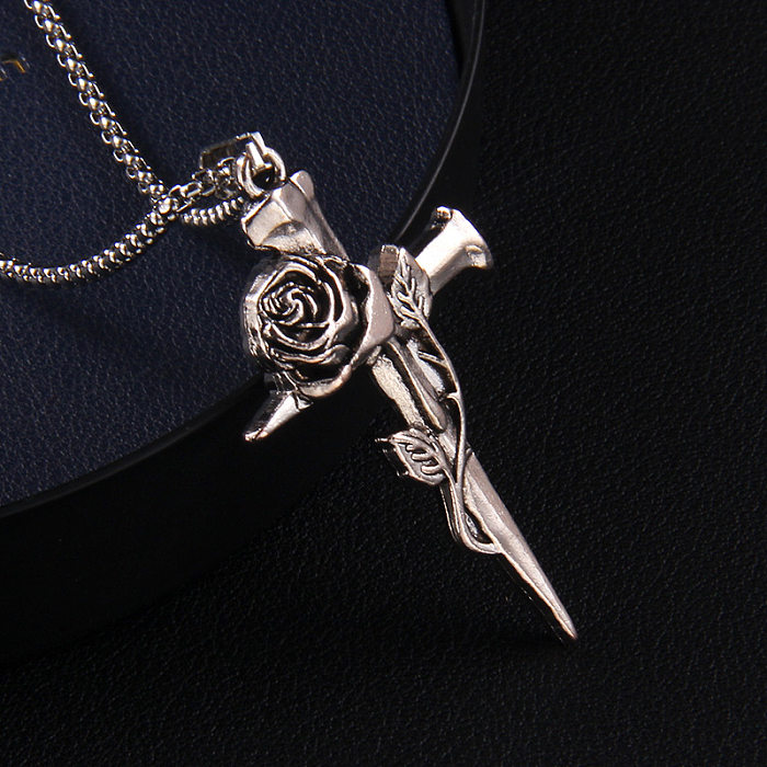 Gothic Punk Streetwear Cross Rose Stainless Steel  Alloy Plating Pendant Necklace