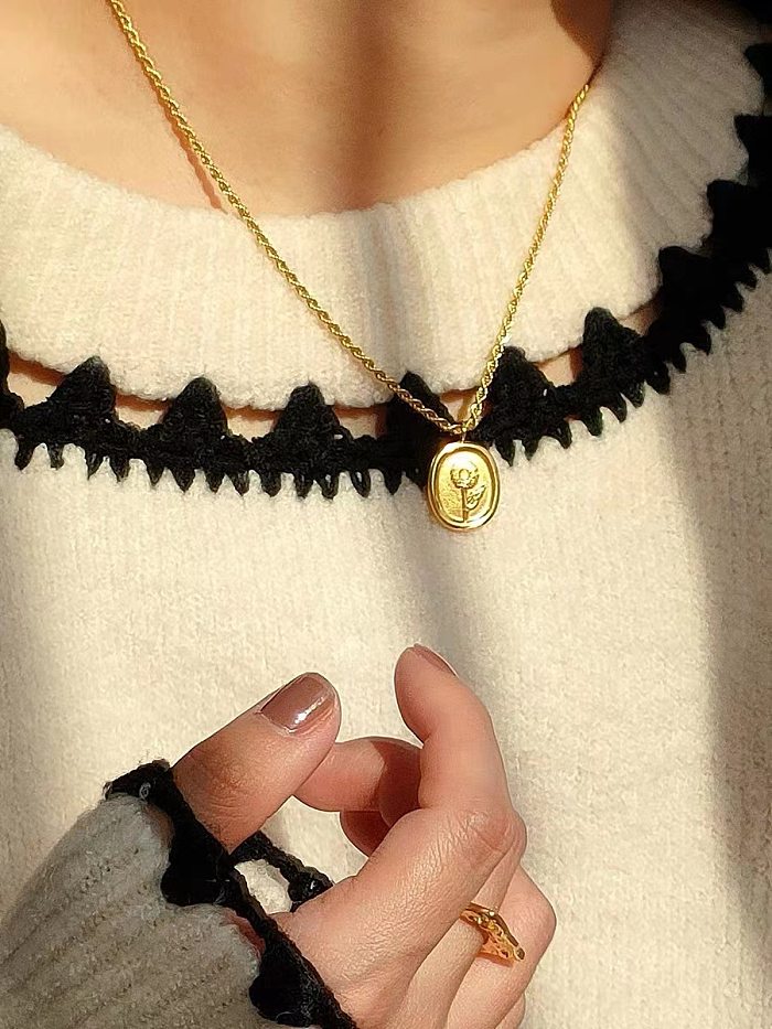 Französische Retro-Sonnenblumen-Edelstahl verblasst nicht, 18-karätige geometrische Halskette