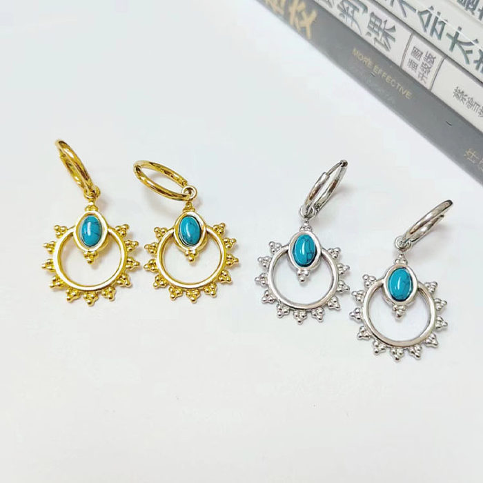 1 Pair Casual Heart Shape Flower Plating Inlay Stainless Steel  Turquoise 18K Gold Plated Earrings