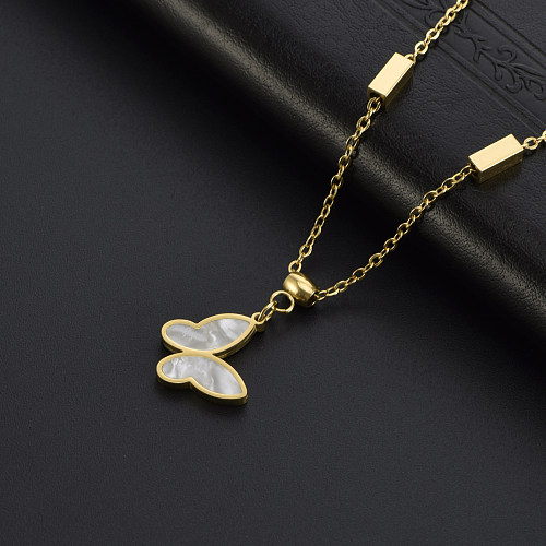 Casual Simple Style Butterfly Stainless Steel Plating Inlay Shell Pendant Necklace