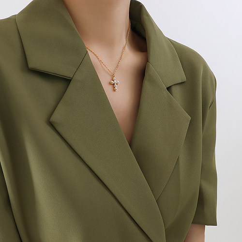 Collar De Perlas Artificiales De Acero Inoxidable Cruzado Elegante De Moda para Mujer Collares De Acero Inoxidable Chapados