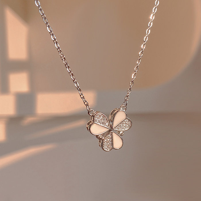 Fashion Four Leaf Clover Heart Shape Stainless Steel Rhinestone Necklace