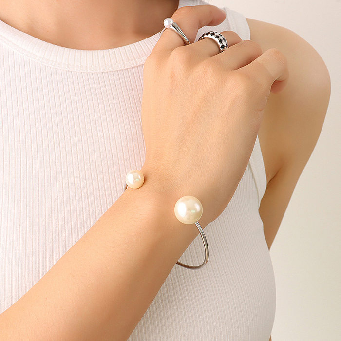 Korean Style Imitation Pearl Opening Bracelet Titanium Steel Plated 18K Gold Jewelry Wholesale