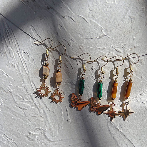 1 paire de boucles d'oreilles pendantes en pierre naturelle, Style ethnique, étoile, lune, acier inoxydable