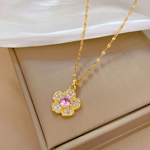 Fashion Flower Stainless Steel Copper Plating Inlay Rhinestones Pendant Necklace
