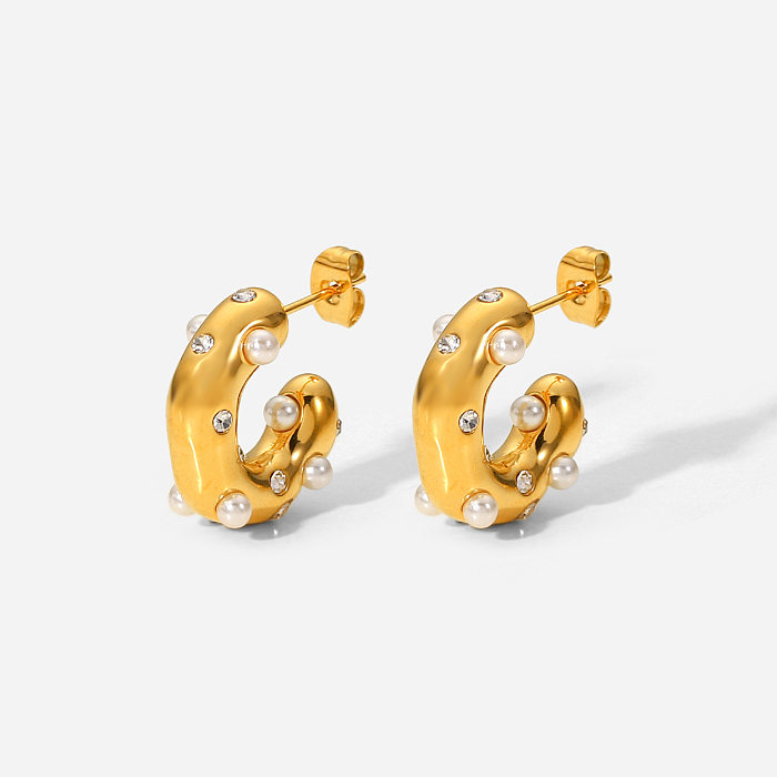 Modische C-förmige Damen-Ohrringe aus 18-karätigem Gold-Edelstahl mit Hammermuster und Perleneinlage aus Zirkon