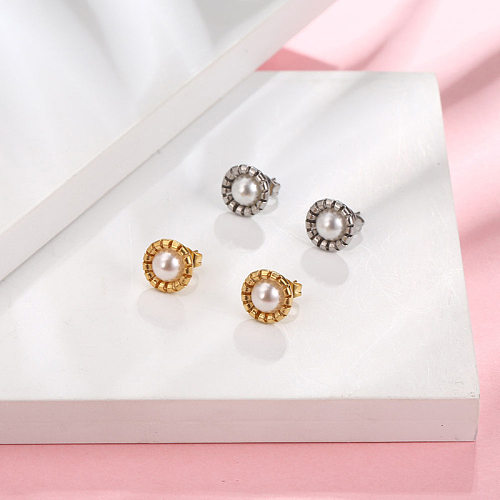 Fashion Flower Stainless Steel Plating Artificial Pearls Ear Studs 1 Piece