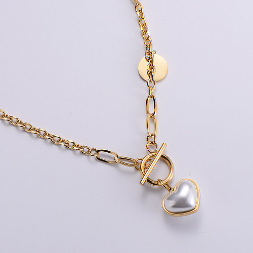 Simple Contrast Color Stainless Steel  OT Chain Heart-Shaped Pearl Pendant Necklace