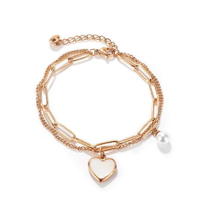 Niche Design Personality Double Layer Peach Heart Pearl Stainless Steel Bracelet