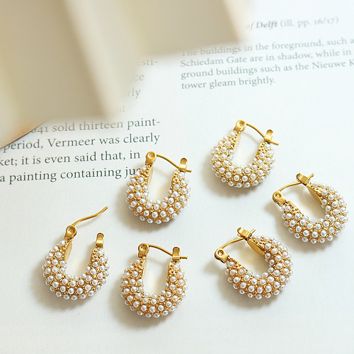1 Pair Elegant Baroque Style U Shape Stainless Steel Plating Inlay Artificial Pearls 18K Gold Plated Earrings