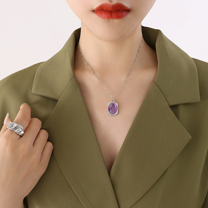 Fashion Stainless Steel Retro Green Purple Natural Stone Pendant Necklace