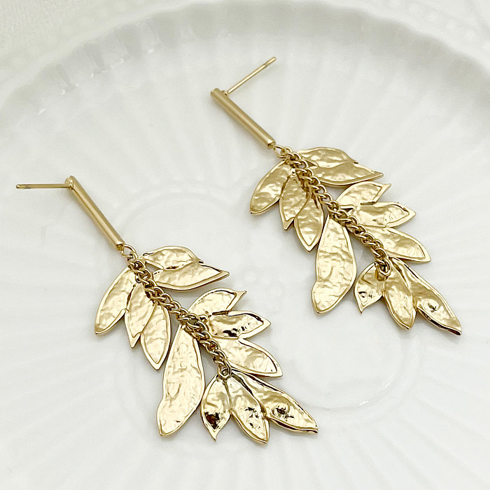 1 paire de boucles d'oreilles pendantes en acier inoxydable plaqué or, Style Vintage, feuilles plaquées
