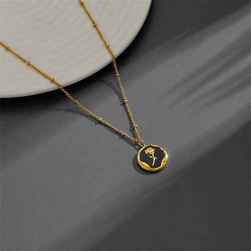 Casual Vintage Style Flower Stainless Steel Plating Inlay Shell 18K Gold Plated Pendant Necklace