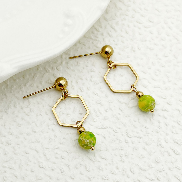 1 Pair Chinoiserie Classical Cute Hexagon Stainless Steel  Natural Stone Plating Hollow Out Gold Plated Drop Earrings