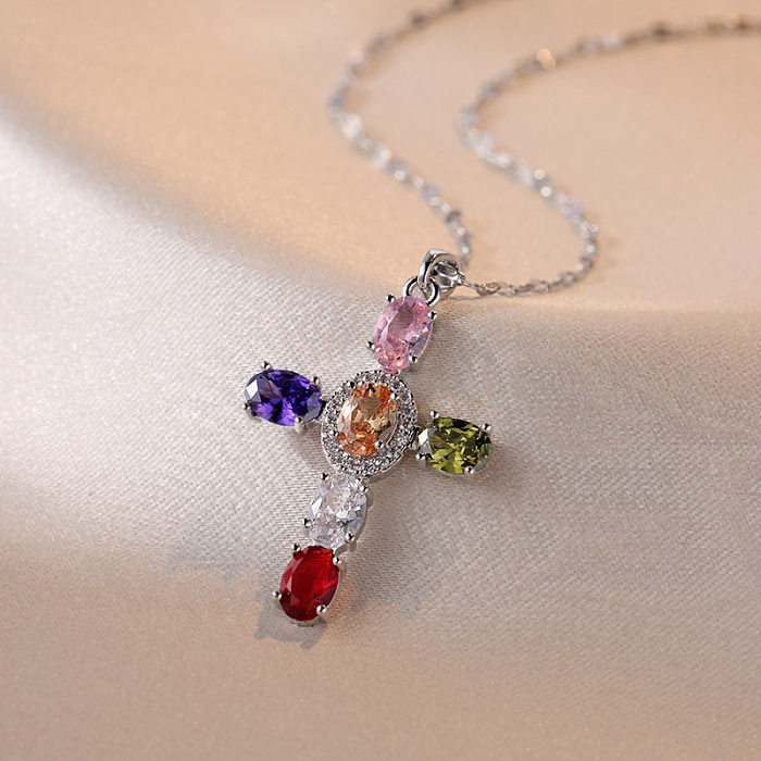 Casual Simple Style Cross Stainless Steel Inlay Zircon Pendant Necklace