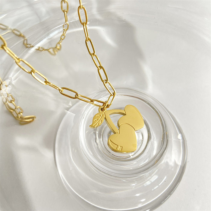 Cute Cherry Heart Shape Stainless Steel Enamel Plating 18K Gold Plated Pendant Necklace