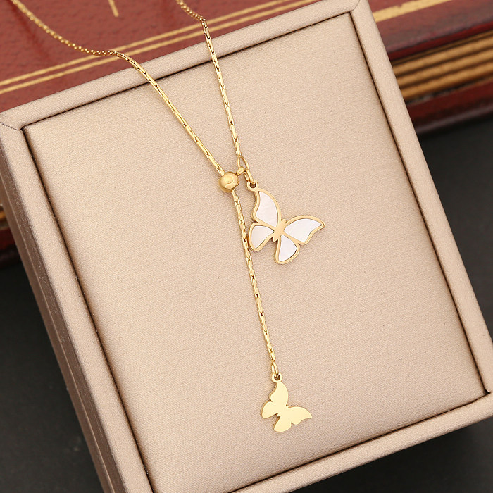 Retro Heart Shape Butterfly Stainless Steel  Plating Inlay Pearl Pendant Necklace