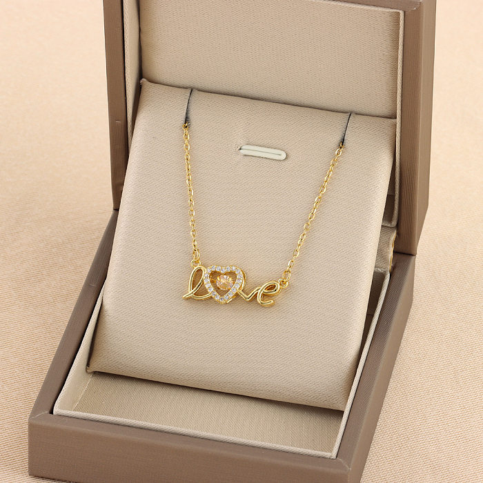 Süße Liebes-Herzform-Edelstahlbeschichtung mit ausgehöhltem Zirkon-Inlay und 18-Karat-vergoldeter Halskette