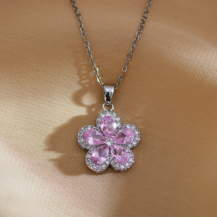 Retro Sweet Flower Stainless Steel Copper Inlay Zircon Pendant Necklace