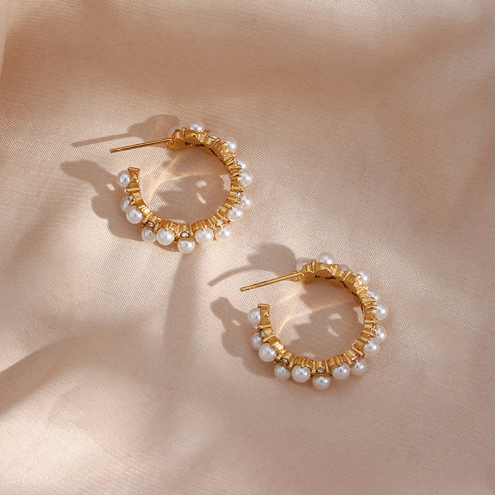 Elegant C Shape Stainless Steel  Earrings Inlay Artificial Pearls Zircon Stainless Steel  Earrings