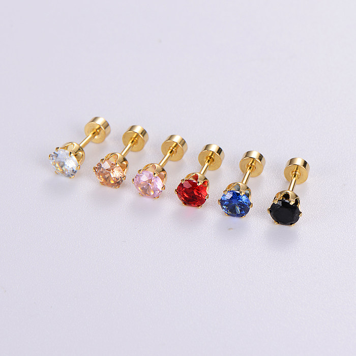 1 Set Elegant Simple Style Round Inlay Stainless Steel  Zircon 18K Gold Plated Ear Studs