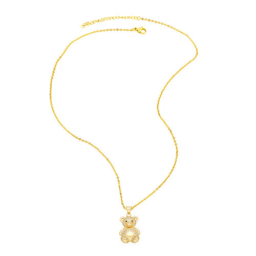 Cute Little Bear Stainless Steel  Copper Plating Inlay Zircon 18K Gold Plated Pendant Necklace