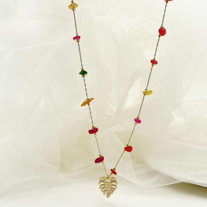 Lässige Urlaubsblätter-Halskette aus Edelstahl mit Kies-Polierbeschichtung, vergoldet