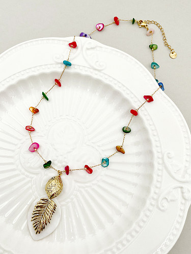 Lässige Halskette mit Blatt-Anhänger, Edelstahl-Beschichtung, Kies, vergoldet, lange Halskette