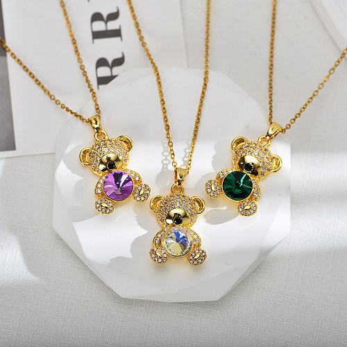Cute Animal Bear Stainless Steel Copper Inlay Zircon Pendant Necklace
