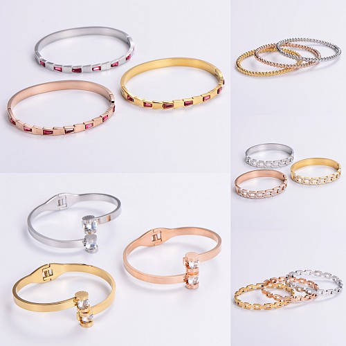 Casual Simple Style Quadrilateral Round Dots Stainless Steel Plating Inlay Rhinestones 18K Gold Plated Rose Gold Plated Bangle