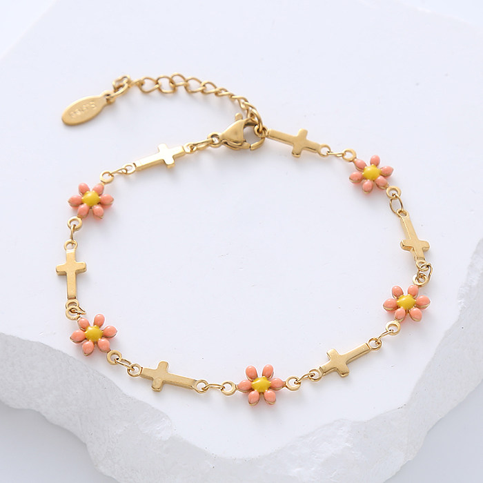 Estilo simples cruz flor aço inoxidável retalhos esmalte banhado a ouro pulseiras 1 peça