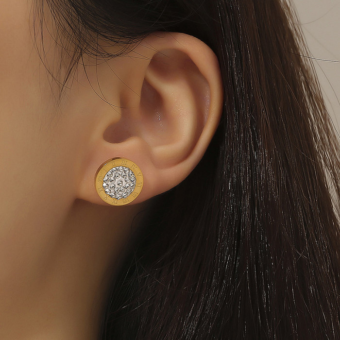 1 Pair Simple Style Number Stainless Steel Plating Inlay Rhinestones 18K Gold Plated Ear Studs