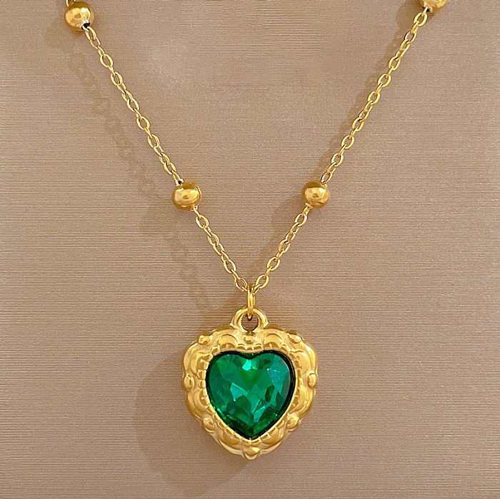 Collier avec pendentif en forme de cœur rétro avec incrustation de pierres précieuses artificielles en acier inoxydable, 1 pièce