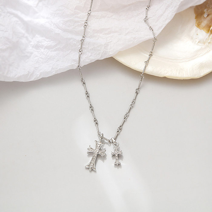 Fashion Cross Stainless Steel  Inlay Rhinestones Pendant Necklace