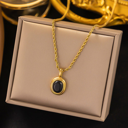 Vintage Style Oval Stainless Steel Inlay Agate 18K Gold Plated Pendant Necklace