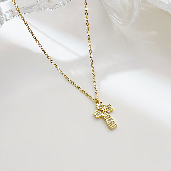 Punk Streetwear Cross Stainless Steel  White Gold Plated Gold Plated Zircon Pendant Necklace In Bulk