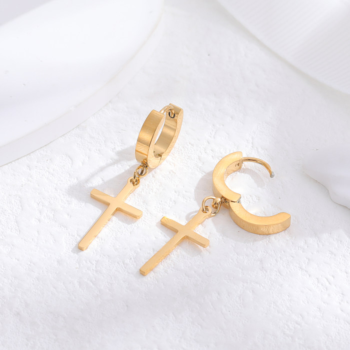 1 paire de boucles d'oreilles pendantes en forme de croix ronde et papillon, Style classique, plaqué or 24 carats, en acier inoxydable