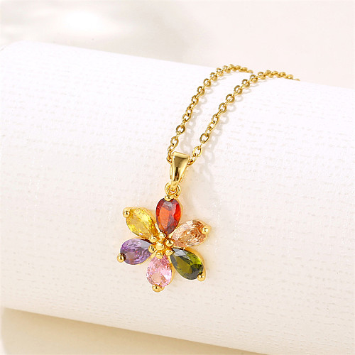 Sweet Flower Stainless Steel  Plating Inlay Artificial Diamond Pendant Necklace