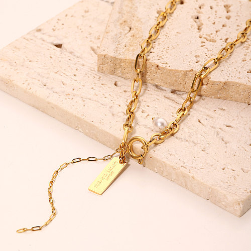 IG Style Simple Style Letter Rectangle Stainless Steel  Tassel Pearl Plating 18K Gold Plated Pendant Necklace