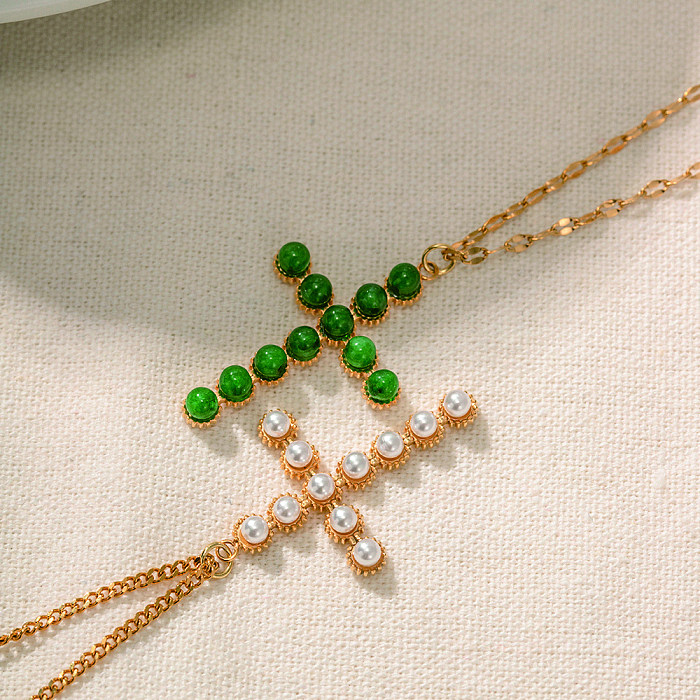 Halskette mit Anhänger im modernen Stil mit Kreuz-Anhänger, Edelstahl-Beschichtung, Perlenstein-Einlage, 18 Karat vergoldet