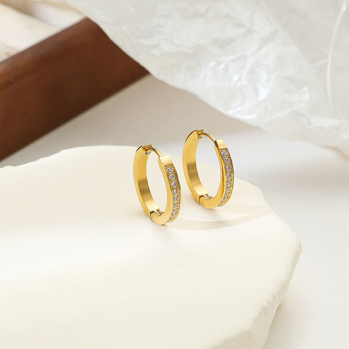 1 Paar schlichter Stil im klassischen Stil mit runder Beschichtung und Inlay aus Edelstahl mit Zirkon und Weißgold vergoldete Ohrringe