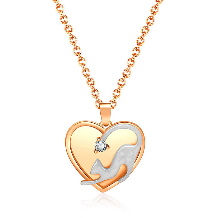 Fashion Heart Shape Cat Stainless Steel Inlay Artificial Diamond Pendant Necklace 1 Piece