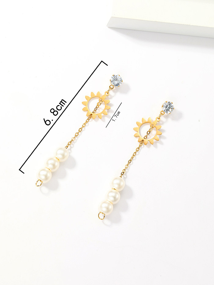 1 par de pendientes colgantes chapados en oro con incrustaciones de borlas de perlas de imitación de acero inoxidable con forma de trébol de cuatro hojas y estilo informal y sencillo