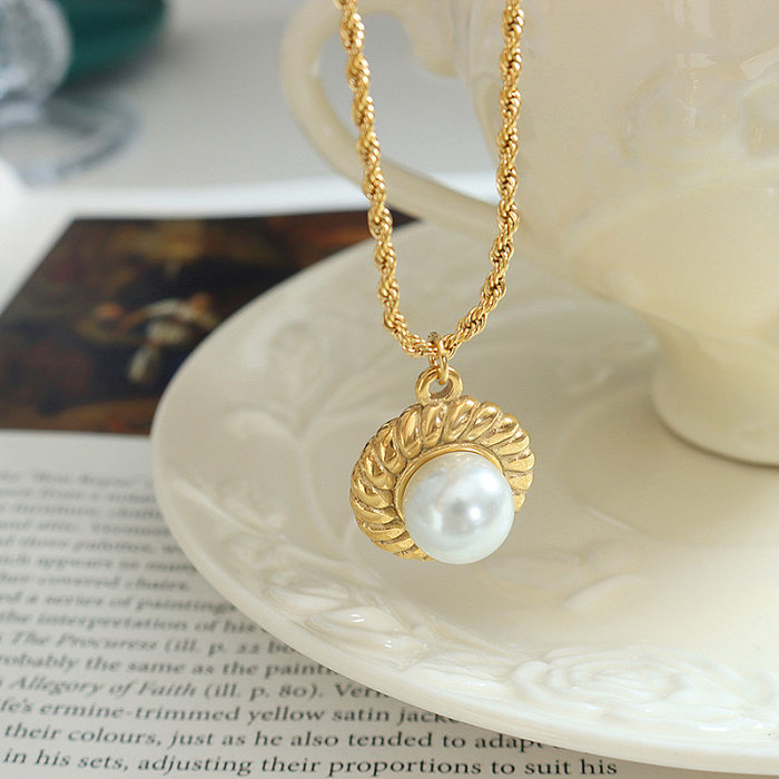 Casual Simple Style Geometric Stainless Steel Plating Inlay Pearl 18K Gold Plated Pendant Necklace