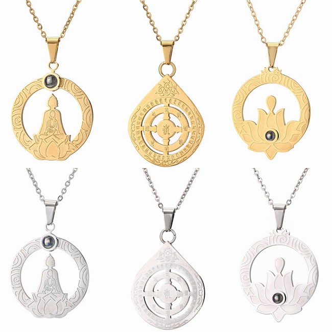 Casual Hip-Hop Buddha Lotus Stainless Steel  Hollow Out Inlay Glass Stone Pendant Necklace