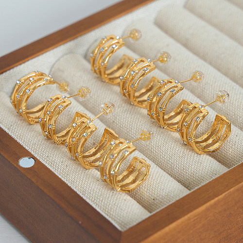 1 par de strass elegante e luxuoso com revestimento geométrico embutido em aço inoxidável com strass banhados a ouro 18K