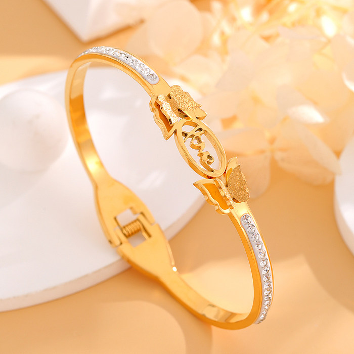 Elegant Cute Shiny Letter Titanium Steel Plating Crystal Rhinestones Zircon 18K Gold Plated Bangle