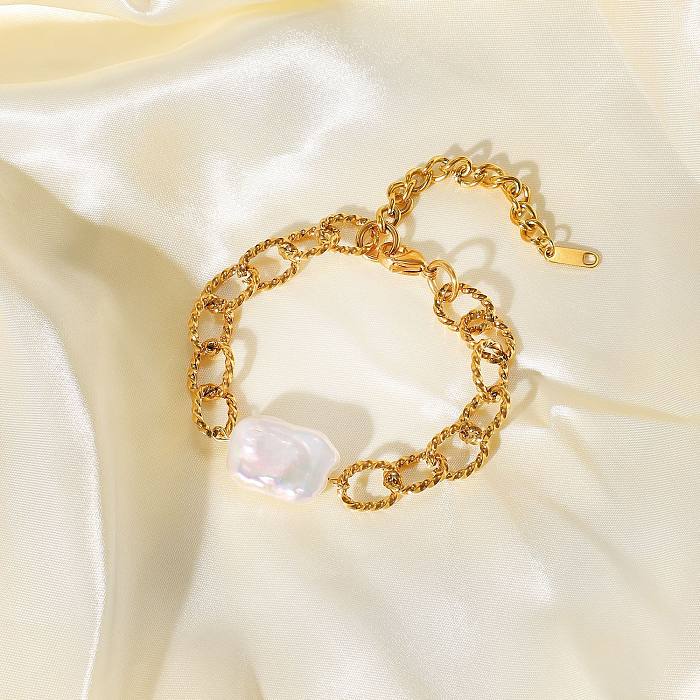 Bracelet en acier inoxydable plaqué or 18 carats de Style baroque, rétro, avec perles d'eau douce, pour femme