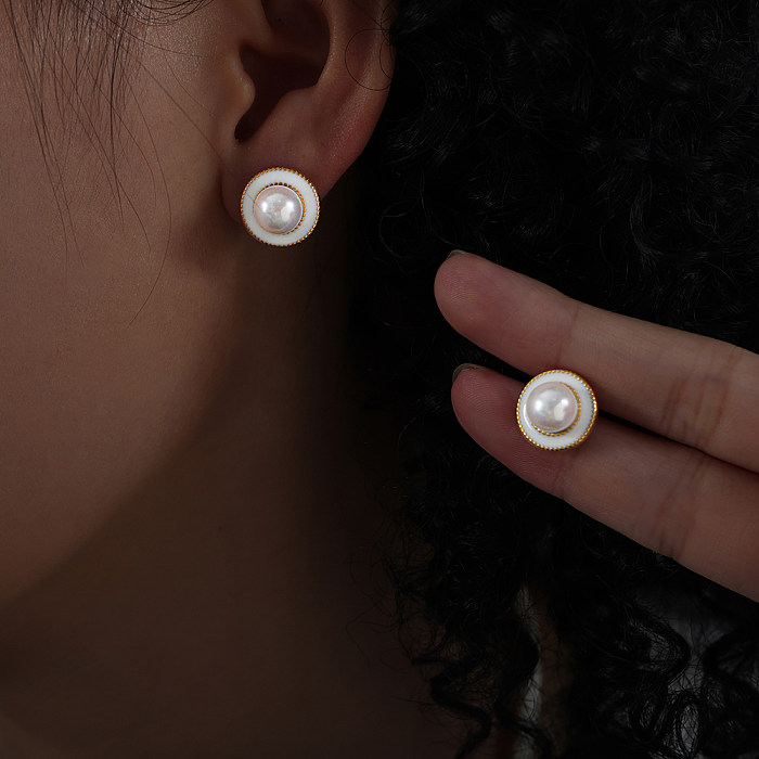 1 Pair Elegant Baroque Style Geometric Plating Inlay Stainless Steel Artificial Pearls 18K Gold Plated Ear Studs
