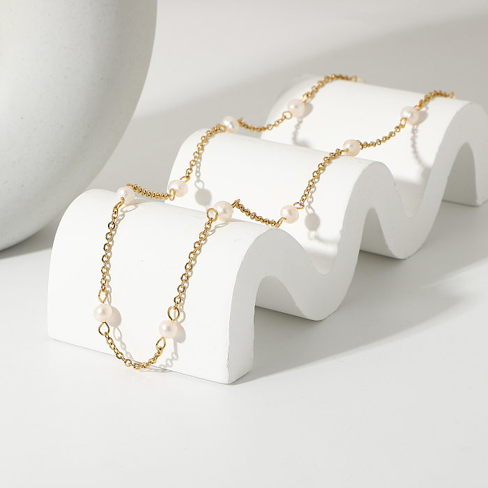 New 18K Gold-plated Stainless Steel  Pearl Chain Necklace